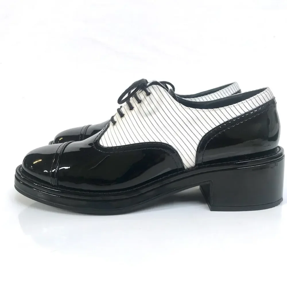🪄100% Auth CHANEL Chunky Black Patent Pinstripe Lace Up Oxford Shoes sz 42 12 - Picture 3 of 14